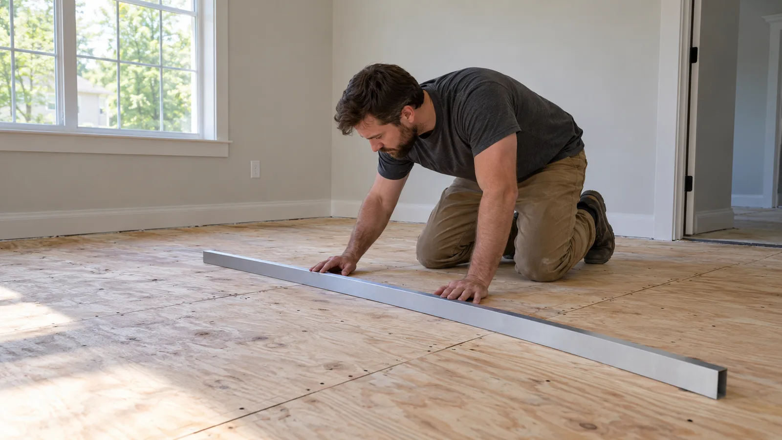 Plywood subfloor inspected before a new residential floor is installed