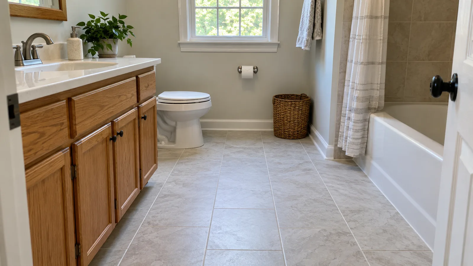 Matte porcelain floor tiles with straight joints in a simple bathroom