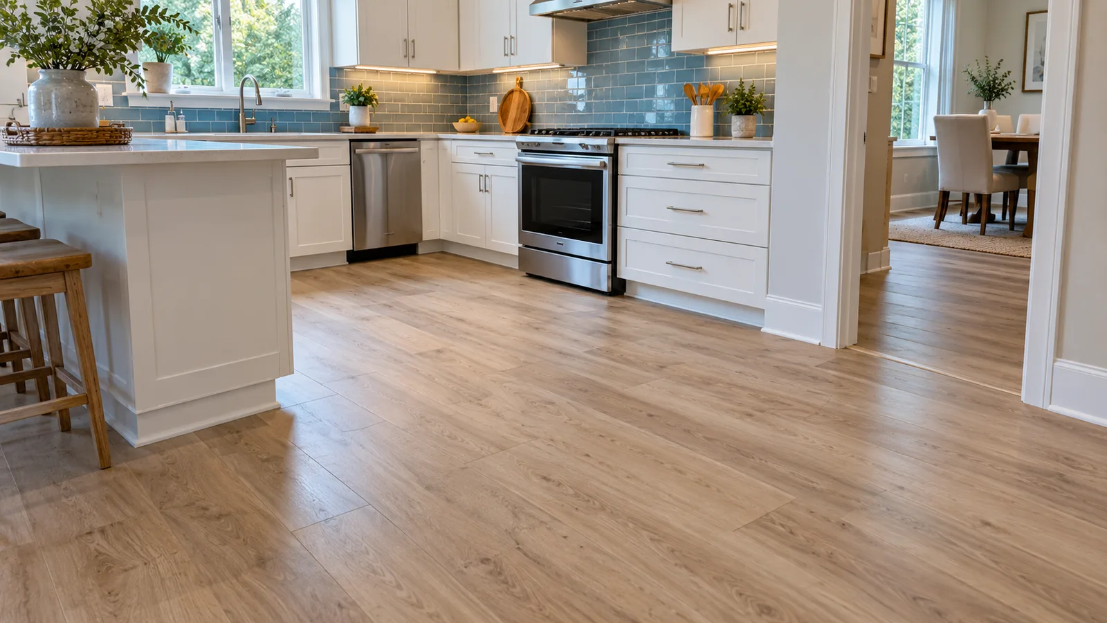 Light oak look vinyl plank flooring in a bright residential kitchen
