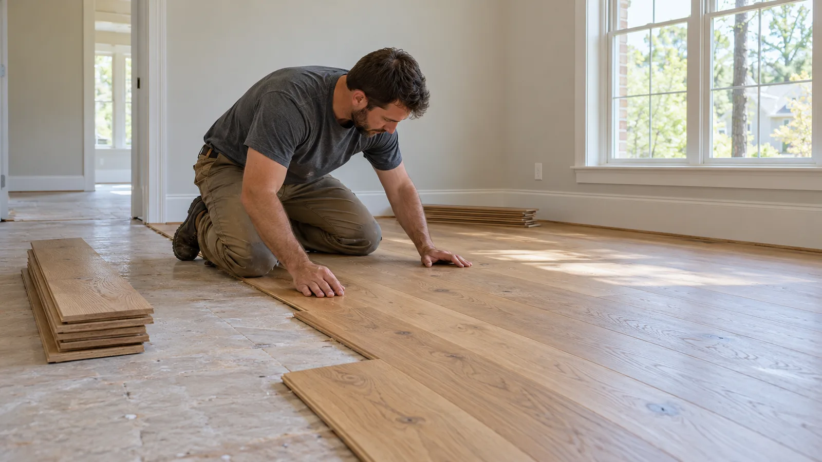 Natural oak engineered flooring laid beside matching loose boards
